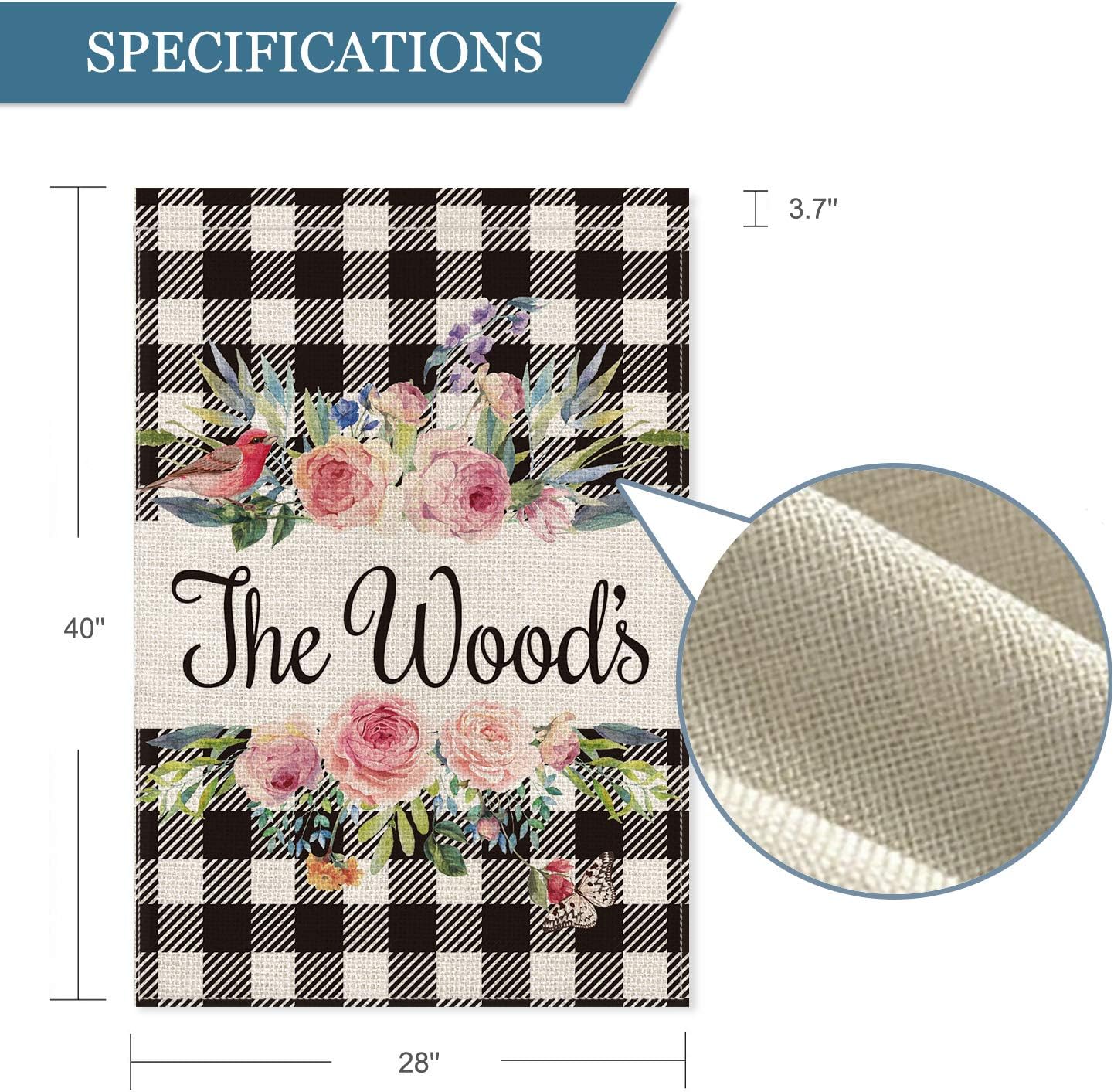 SMILE Personalized Spring Summer House Flag, Customized Family Last Name Buffalo Plaid Wreath, Double Sided 28 x 40 Inch Rustic Farmhouse Burlap Yard Outdoor Decoration