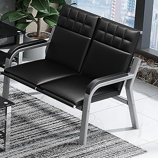 Waiting Room Bench with Armrest 2 Seat Office Guest Reception Bench Leather Office Guest Seating Furniture for Salon Airport Hospital Bank,Black