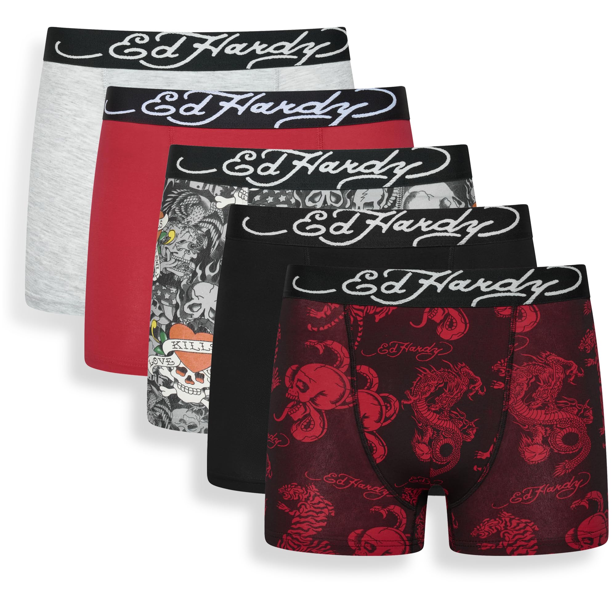 Ed Hardy Men's Assorted Novum Boxer Shorts Multipack, Elasticated Logo Waistband, 5 Pack, Comfortable Underwear, Xx Large