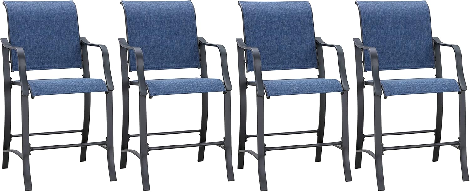 Festival Depot 4 Pcs Patio Outdoor Bar Stool Height Dining Chair with High Textilene Backs Metal Frame Furniture for Pub Counter Deck Pool Garden Yard (Blue)