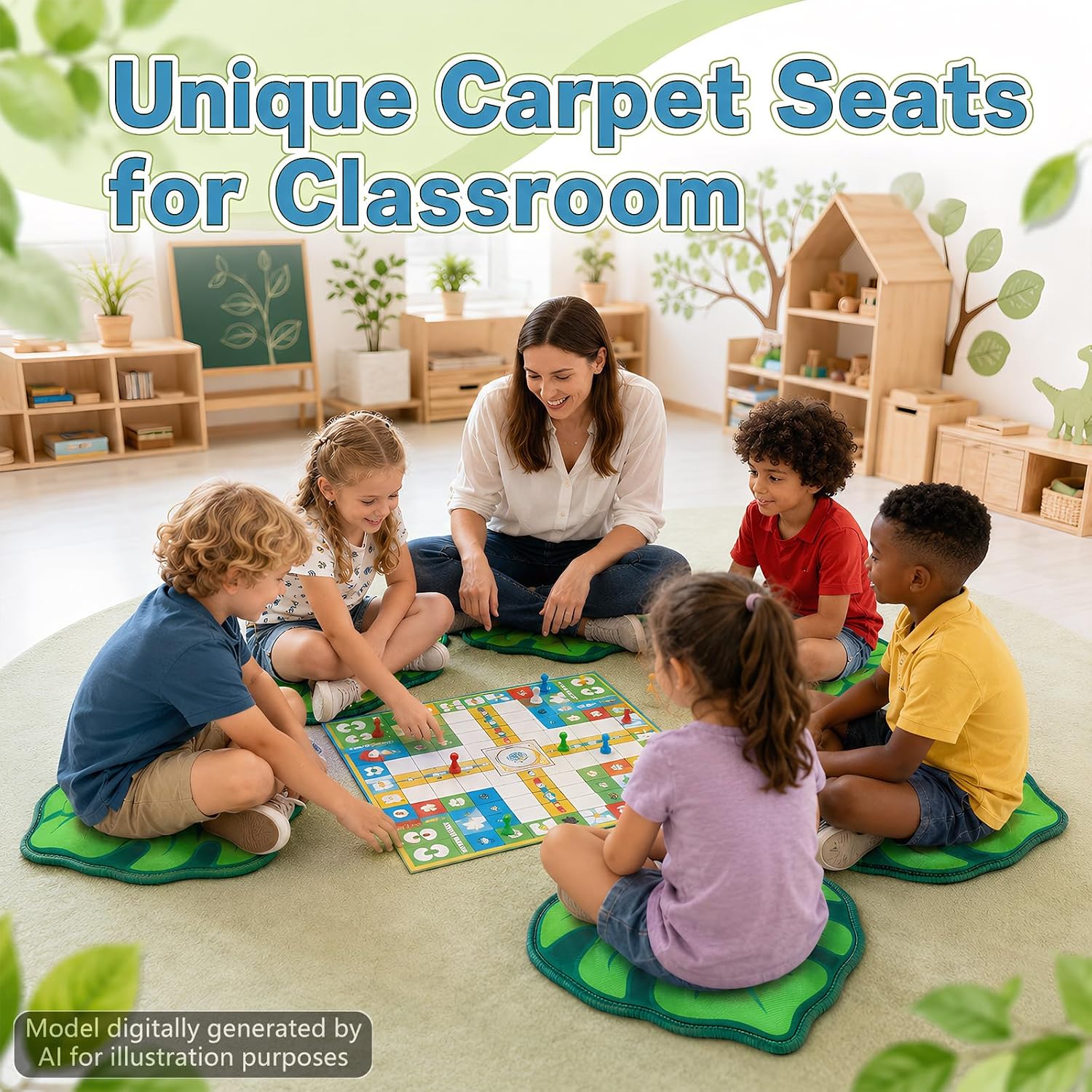 12Pcs Green Leaf Carpet Seats for Classroom 16 Inch Back to School Classroom Rug Leaf Shape Floor Mat Educational Non Slip Carpet Cushion Decor for Preschool Kindergarten Daycare Learning Playing Area