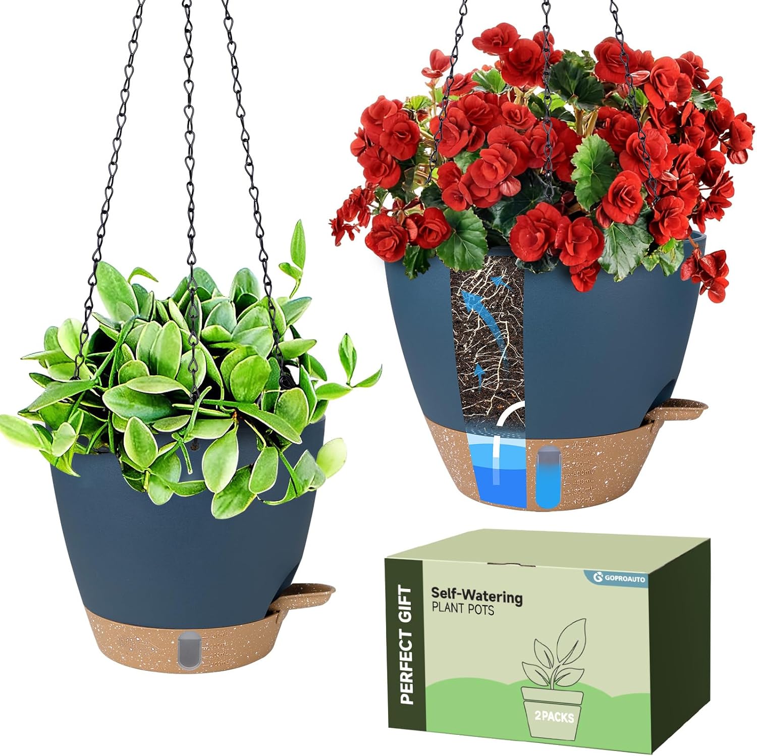 Self-Watering Hanging Planters with Water Level Window, 8/10 Inch Indoor Outdoor Hanging Plant Pots Includes Chain Hangers with Drainage Holes & Detachable Reservoir (Blue, 8+10 inch)