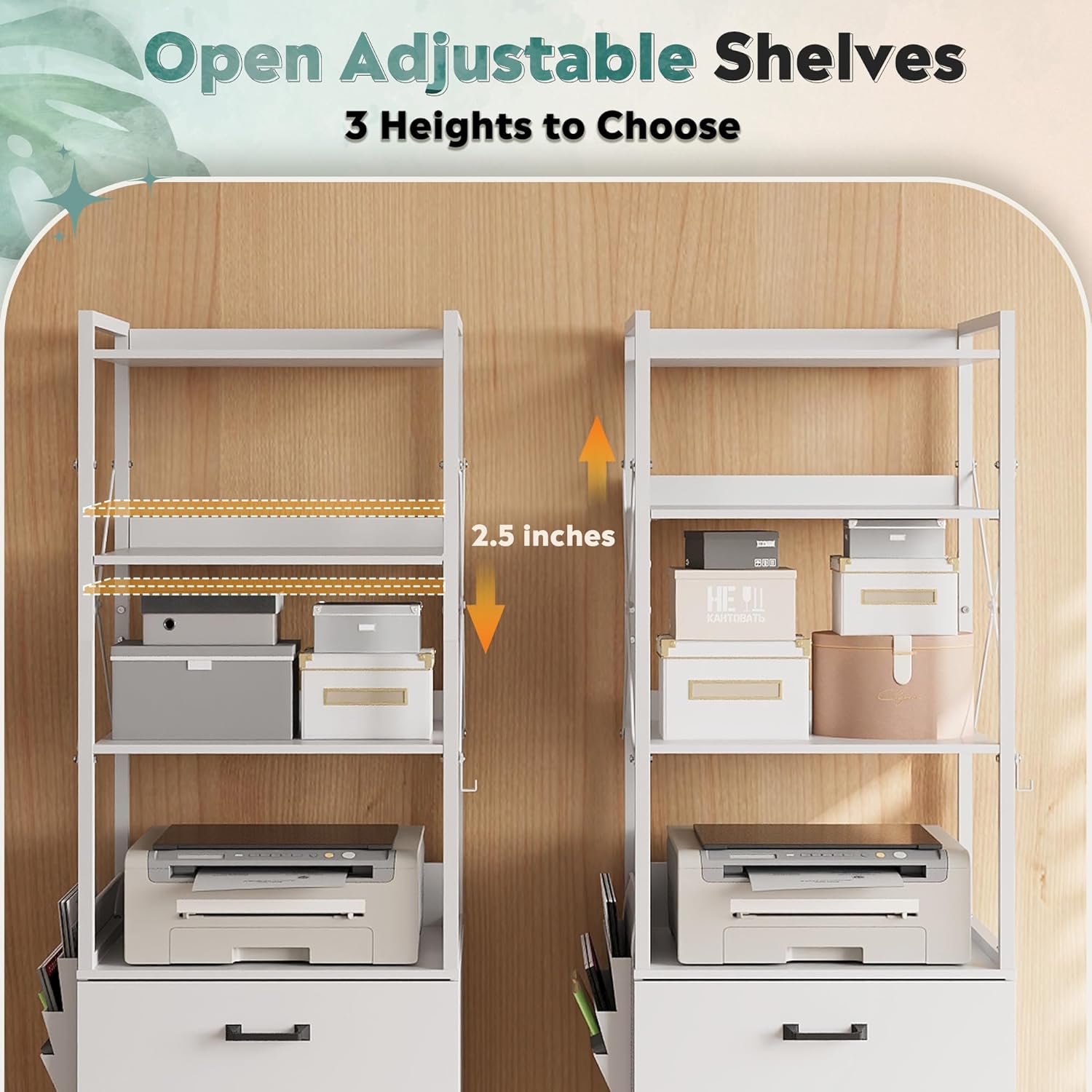 DEVAISE 2 Drawer File Cabinet with Charging Station and 4-Tier Bookshelf, Tall Filing Cabinet for Office Storage, Printer Stand fits Filing Cabinets for Home Office, White