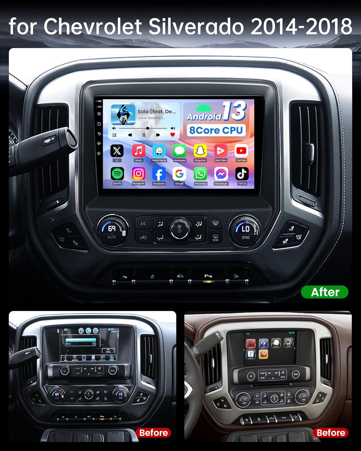 Before and after installation comparison of the Fortdows 10-inch car radio in a Chevrolet Silverado dashboard.