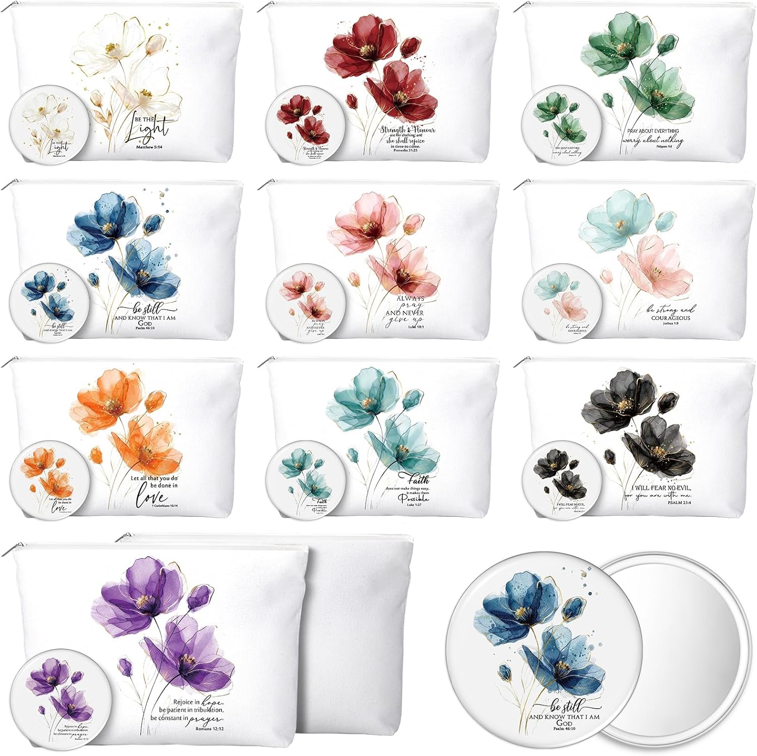 Sieral 20 Pcs Christian Religious Gifts for Women 10 Inspirational Canvas Makeup Bags 10 Compact Mirror Bulk Cosmetic Bags Portable Mirror Thank You Gifts for Coworkers Staff Friends Church Party