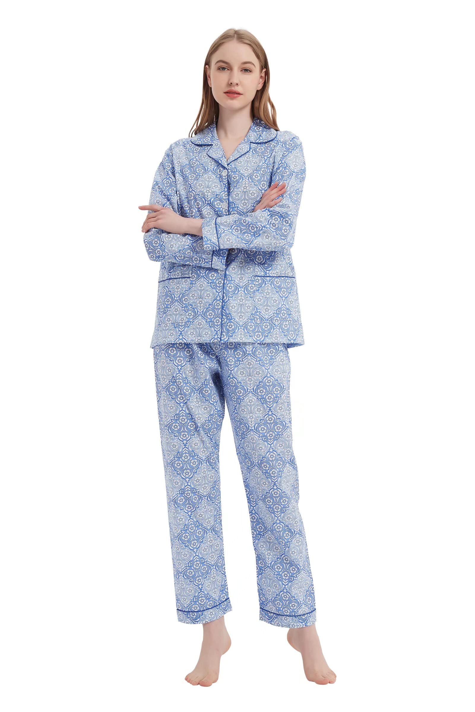 GLOBAL Women's 100% Cotton Pajama Set|Long-Sleeved with Pants PJs |Button Down Front Top&Drawstring Waist Bottom Nightwear