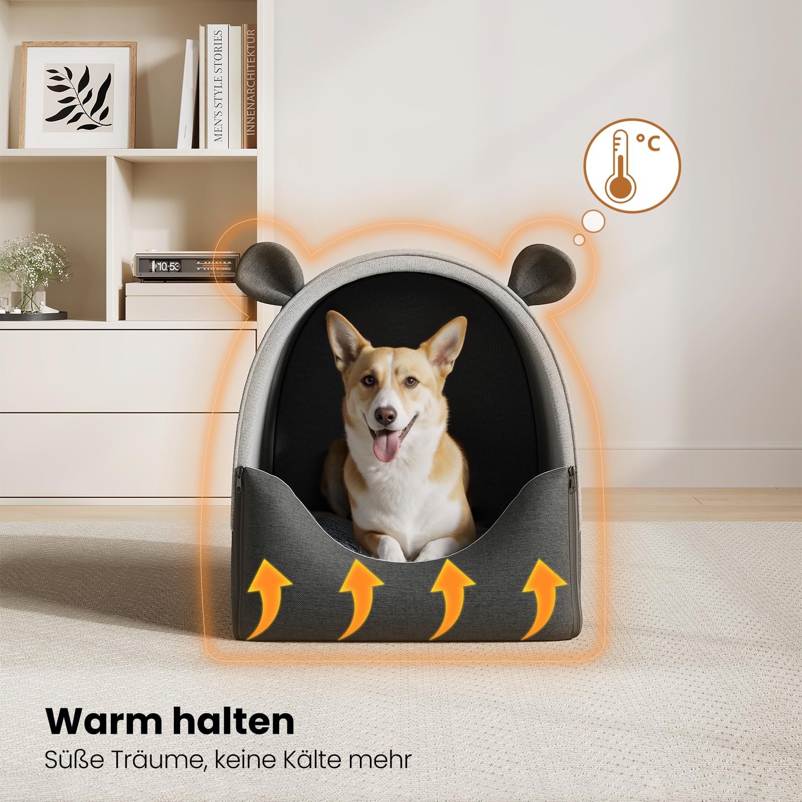 EUGAD Hundehöhle Kleine Hunde, 2-in-1 Hundehütte Indoor, Faltbar Warm Hundehütten,Hundekörbchen mit Dach, Hundehaus für Draußen Winterfest Wetterfester für Streuner Haustiere zuhause 45x40x45cm