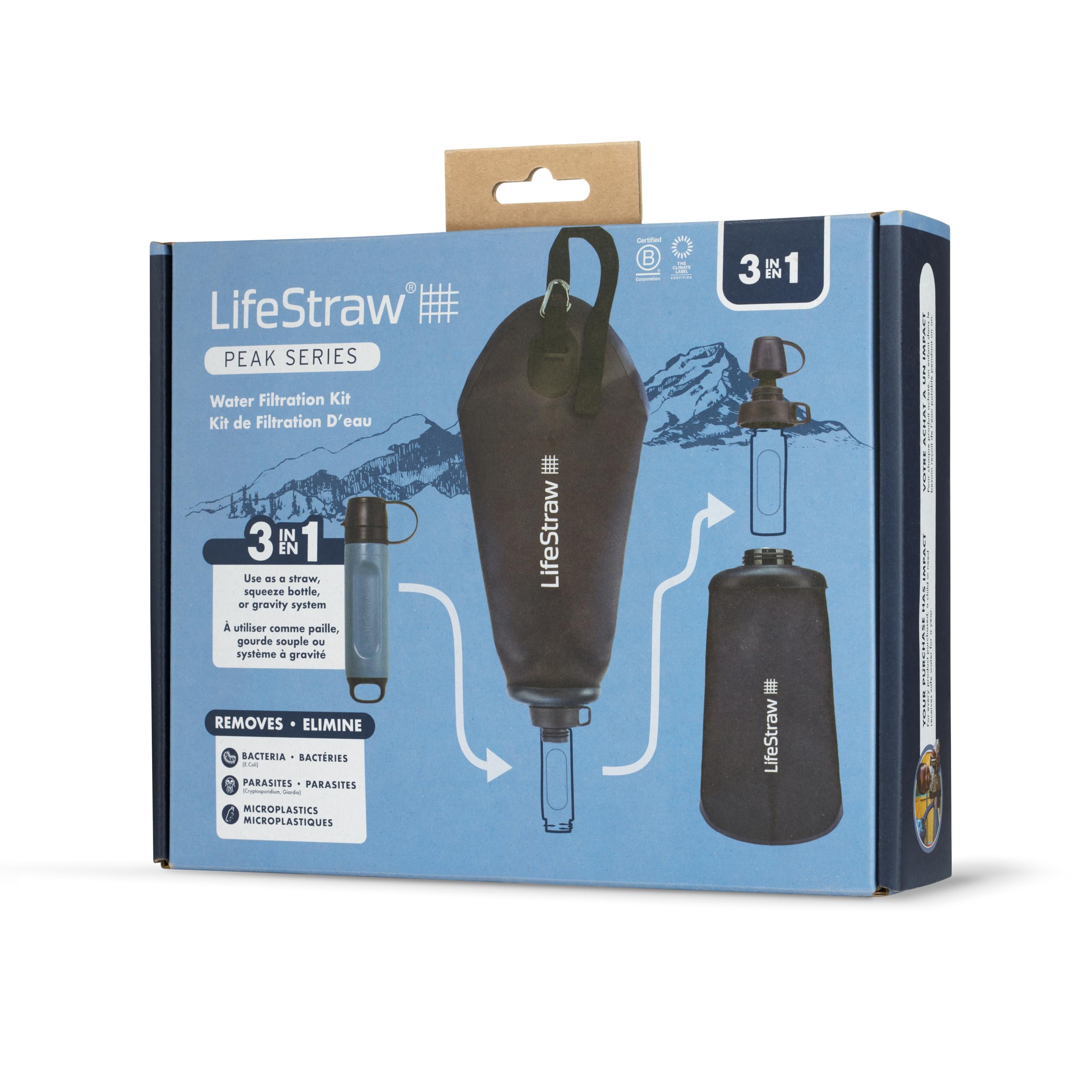 LifeStraw Peak Series - All in One Filter - Sistema di filtrazione dell'acqua portatile per escursionismo, campeggio, viaggi e sopravvivenza. Rimuove batteri, parassiti e microplastiche.