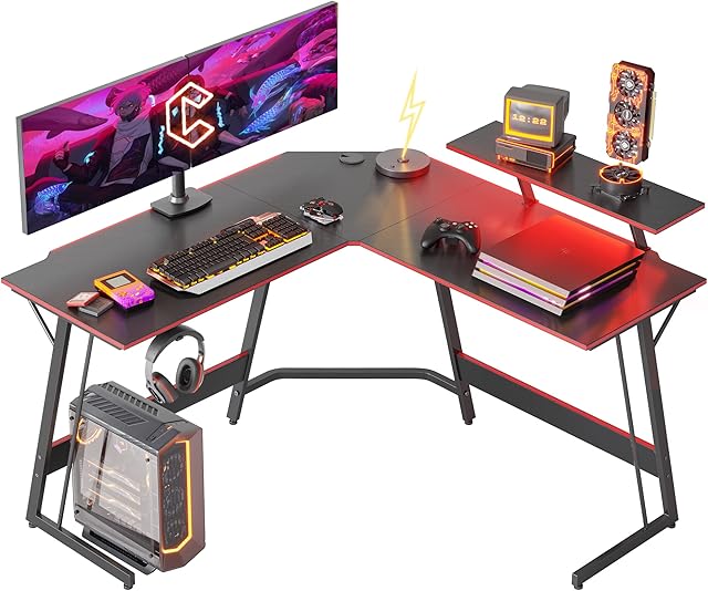 CubiCubi Corner Gaming Computer Desk - 128 x 128 cm L-Shaped Table with LED Ribbon and Screen Stand, Headset Hook for Study, Play, Work, Bedroom, Home, Living Room