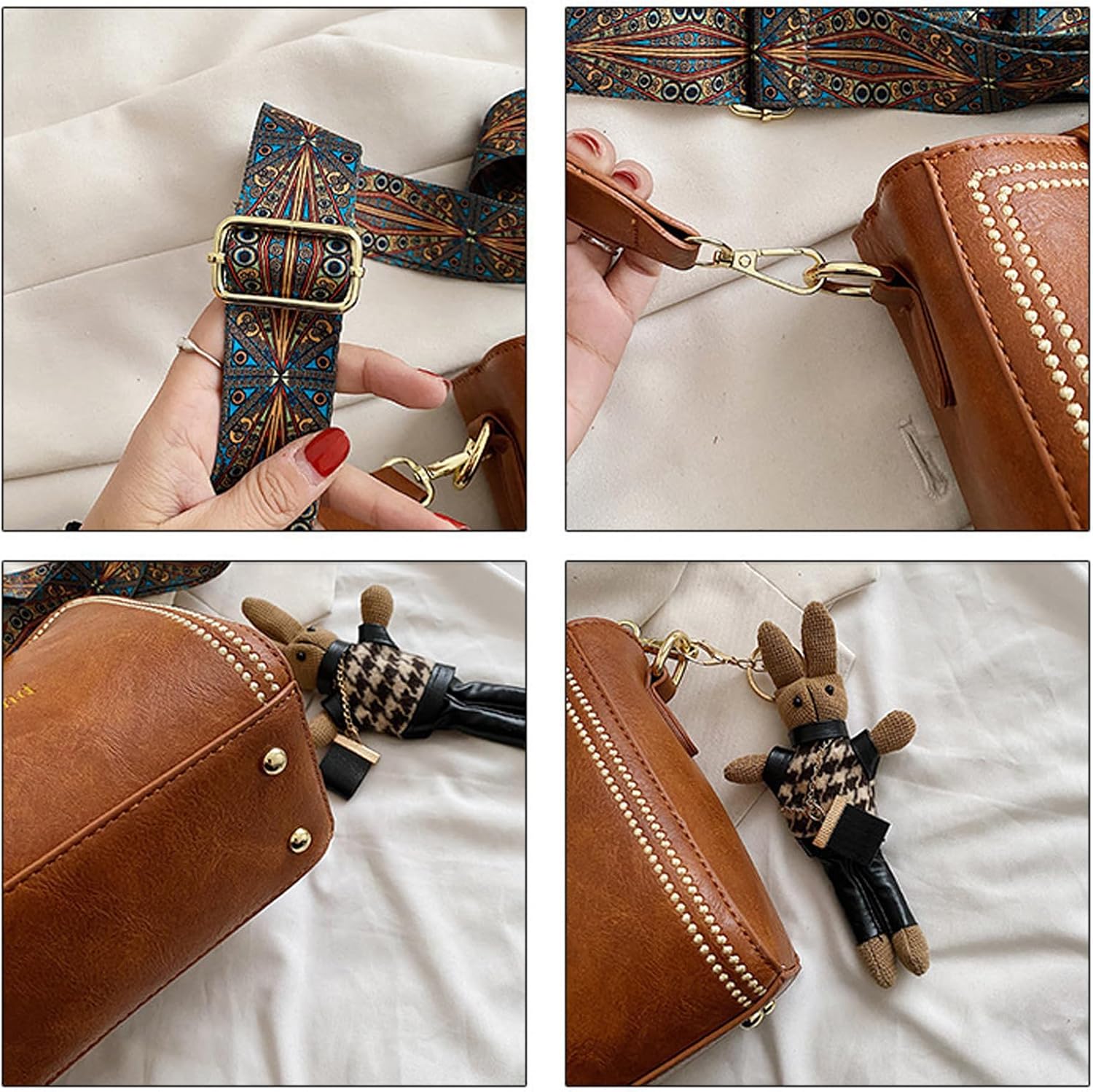 Vintage Fashion Bag With Adjustable Wider Shoulder Strap, Vintage Retro Small Water Bucket Bag, with Cute Doll Pendants