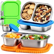 3 Pack Stainless Steel Snack Containers with Silicone Lids, Reusable Snacks Box Lunch Box Double Compartment Snack Containers with Salad Dressing Container and Foldable Fork for Home Office Travel