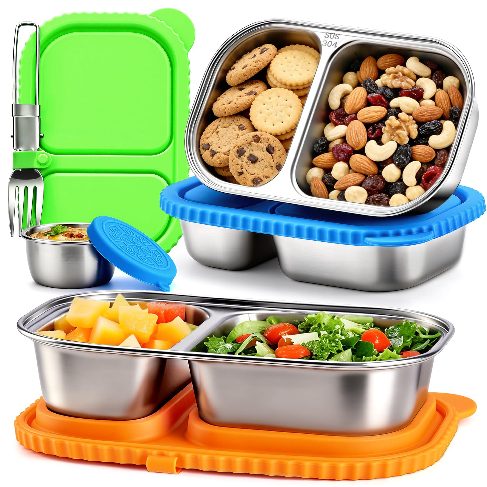 Photo 1 of 3 Pack Stainless Steel Snack Containers with Silicone Lids, Reusable Snacks Box Lunch Box Double Compartment Snack Containers with Salad Dressing Container and Foldable Fork for Home Office Travel