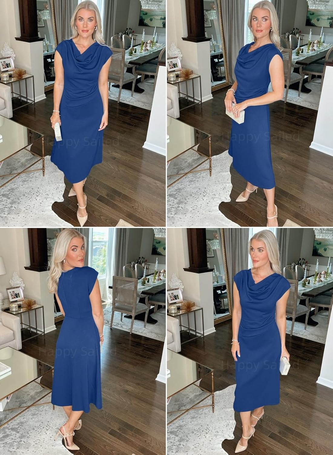 Happy Sailed Women's Spring Summer Short Sleeve Cowl Neck Ruched Waist Flowy A Line Midi Dresses Party Cocktail Dress - Image 4