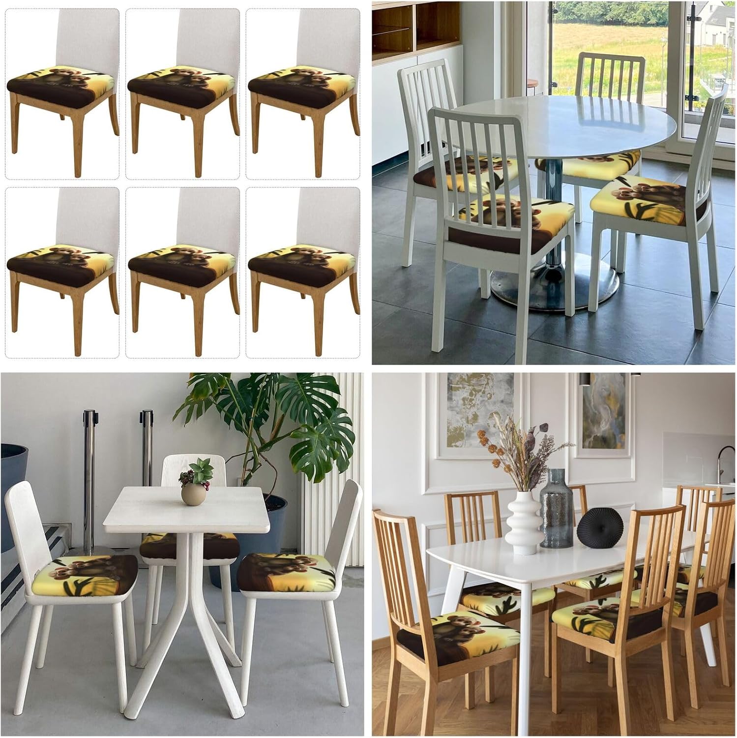 6PCS Stretch Seat Covers Set, Cute Couple Monkey Chair Covers for Dining Room, Square Chair Seat Slipcovers with Ties, Removable Washable Dining Chair Protector Seat Cover for Kitchen Office