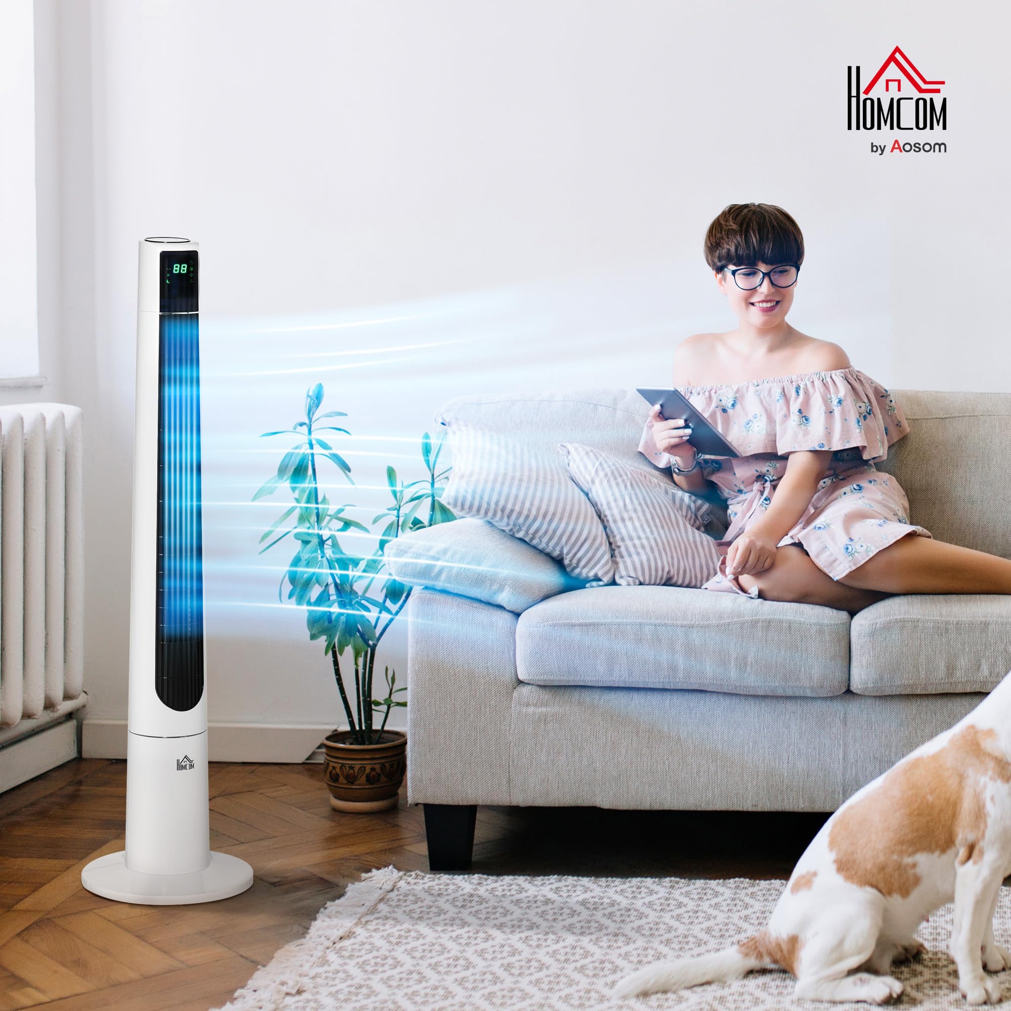 HOMCOM Ventilatore a Torre 50W a 3 Modalità e 3 Velocità, Ventilatore da Terra con Timer da 12h e Telecomando in ABS, Ø32x118.2 cm, Bianco