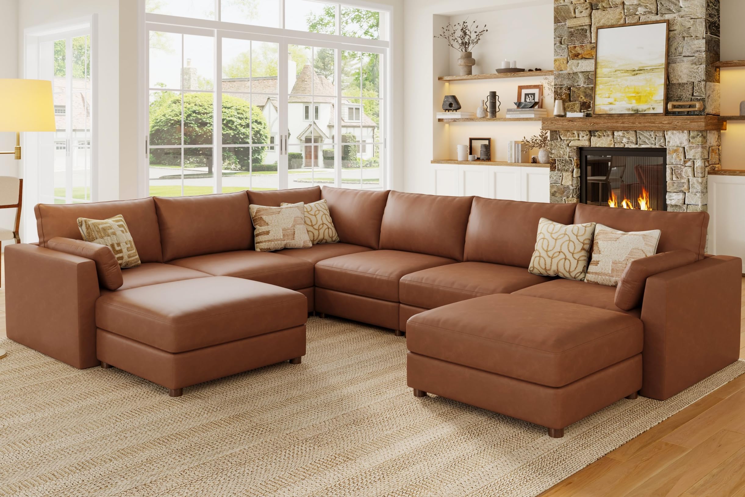 Faux Leather Modular Sectional Sofa Wide U Shaped in Brown