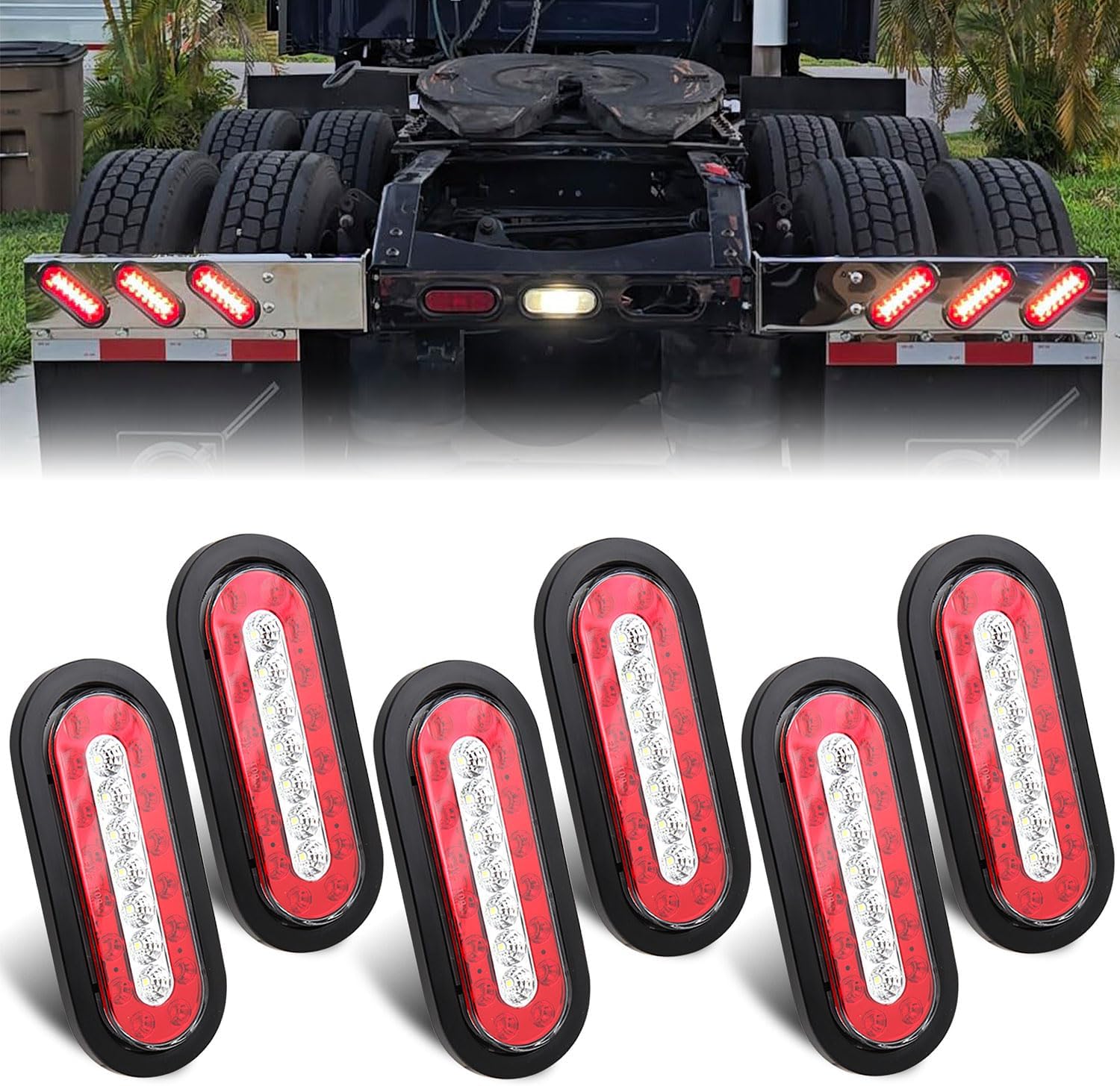 Traberm 6Pcs 6" Inch Oval Led Trailer Tail Lights Red Intergrated w/White Trailer Backup Reverse Lights 23 LED Flush Surface Mount Oval Led Stop Turn Tail Reverse Back-up Light Sealed for Trucks