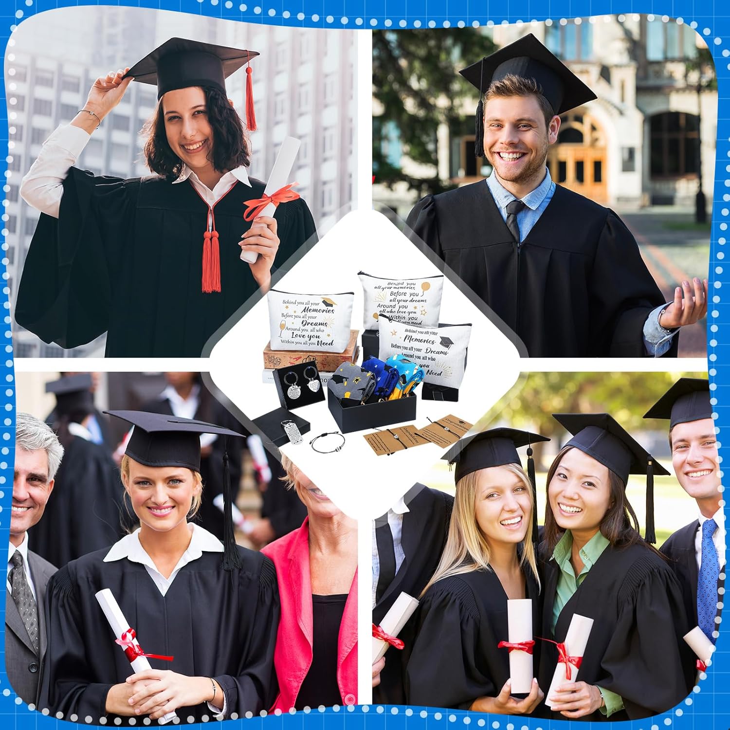 Jiuguva 24 Pcs Graduation Gifts Set Include 6 Grad Socks 6 Makeup Bags 6 Keychains 6 Compass Wristbands Congrats Grad Class of 2026 Graduation Gift for Her Him