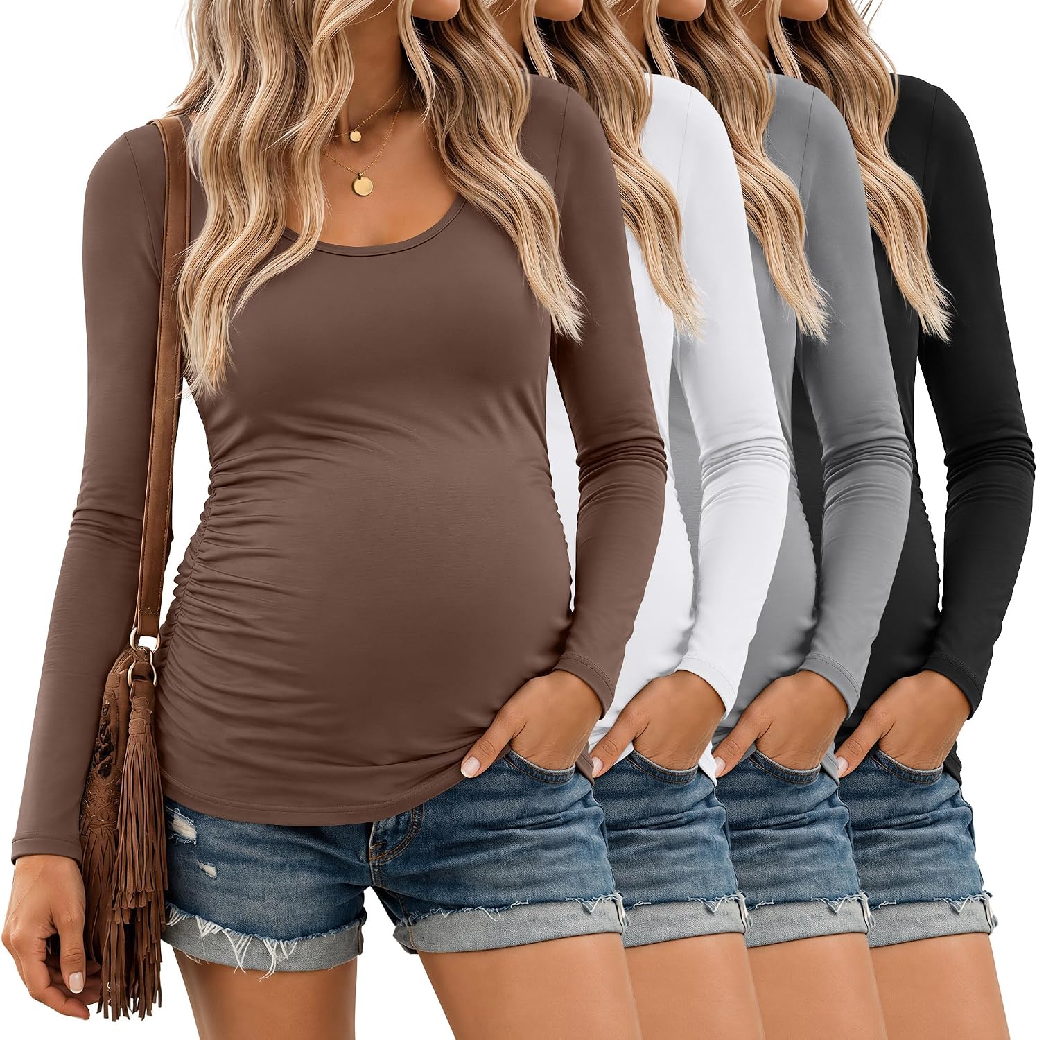 Ficerd 4 Pack Womens Maternity Shirts Long Sleeve Side Ruched