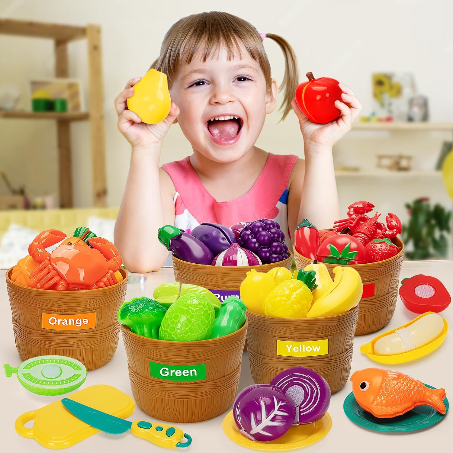 Play Food Set for Kids Kitchen- 68 Pcs Kitchen Food Toy for Toddlers, Cutting & Color Sorting Fake Food/ Fruit/ Vegetable Accessories, Birthday Gifts for 3 4 5 Years Old Boys Girls