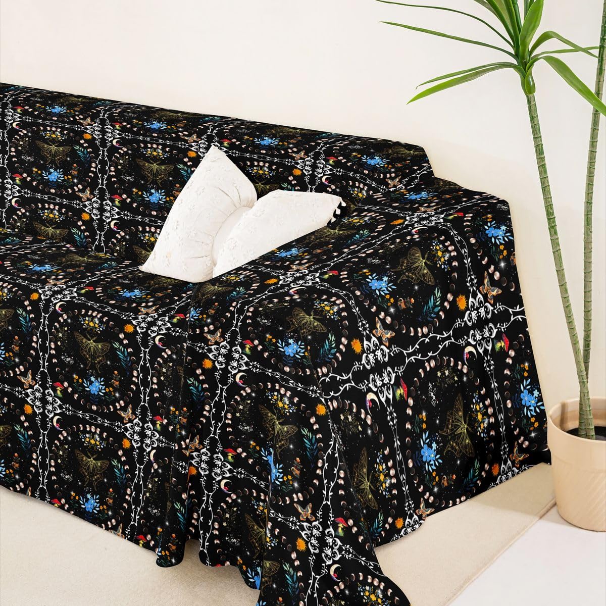 Erosebridal Butterfly Couch Cover 71" x 118" Moth Sofa Cover Boho Exotic Moon Floral Plant Decor Wild Animal Sofa Slipcover Black Galaxy Glitter Stars Sofa Protector Green Blue