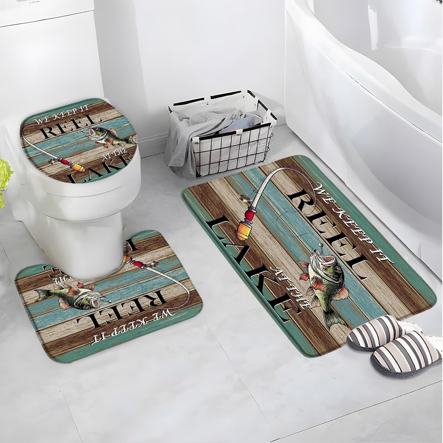 AMFD 3 Piece Fishing Bath Mat Rustic Cabin Country Lodge Bass Fish RV Farmhouse Hunting Camp Bathroom Bathtub Floor Rugs Absorbent Doormat Toilet Decor