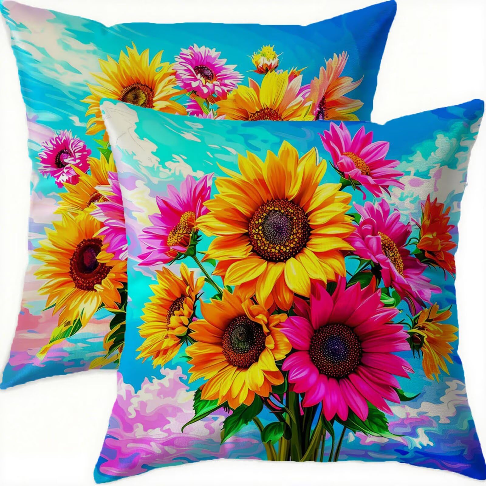 Lot de 2 Housse Coussin 70x70cm Velours Imperméable Anti-Tache Motif Fleur