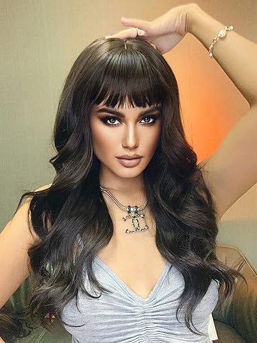 Miniatura 3 de ISHINE Pelucas negras para mujer, peluca sintética ondulada de 24 pulgadas de largo con flequillo, uso diario para fiestas de disfraces y cosplay de