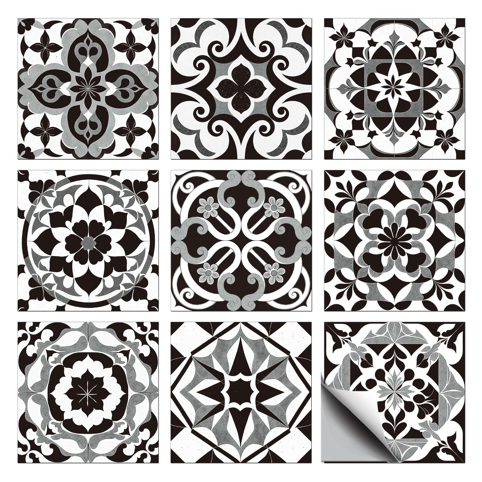CONCHLERY 36 Pcs 9 Styles Retro Black Grey Geometric Pattern Peel and Stick Tile Stickers Waterproof Self Adhesive Decals, for Kitchen Bathroom Home Wall Art Decor 4x4 Inch โ image 1
