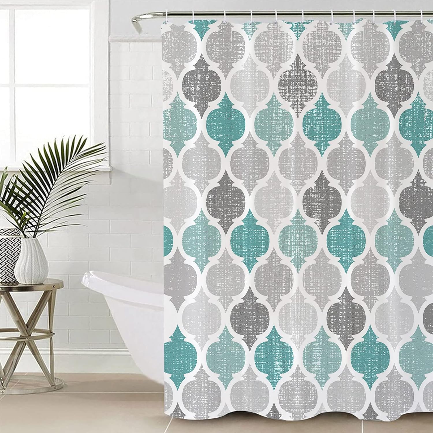 Shower Curtain Geometric Morocco Quatrefoil Lattice Turquoise Grey Waterproof Fabric Shower Curtain Set with 12 Plastic Hooks, Winter Holiday Decor for Bathroom Home Hotel, 48" W x 72" L