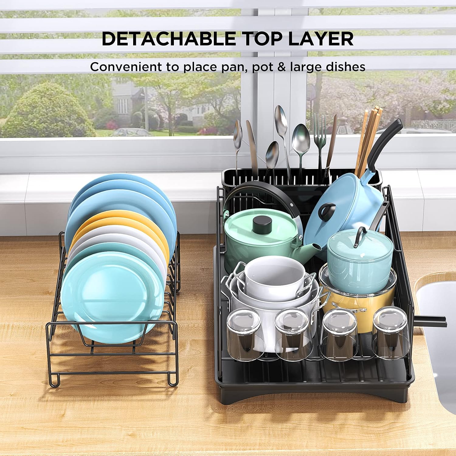 Dish Drying Rack, BASSTOP 2 - Tier Dish Rack Drainboard Set, 16.53 inch x 11.81 inch x 10.62 inch Compact Durable Stainless Steel Dish Drainer with Adjustable Swivel Spout and Anti-Slip Silicone Caps