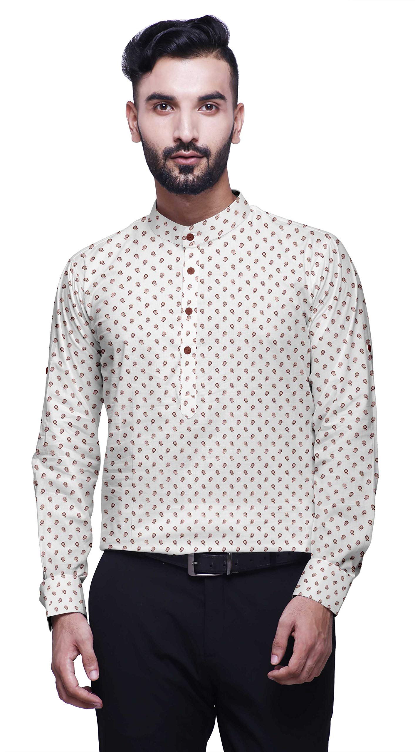 BESTMAN Mens Short Kurta Shirt India Printed Roll Up Long Sleeve Shirts