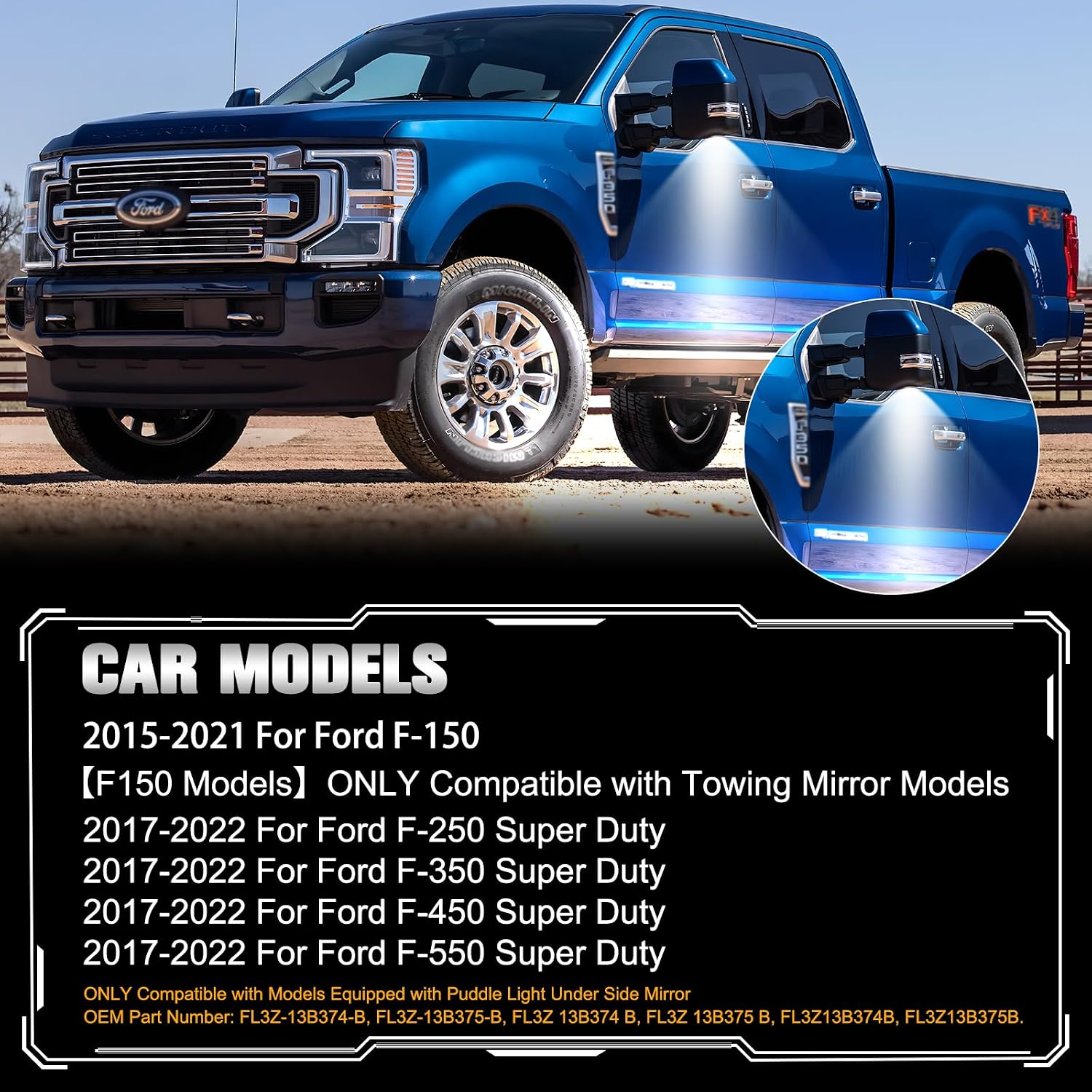 POPMOTORZ LED Side Mirror Puddle Lights Lamps Assembly Compatible with 2015-2021 Ford F150 / Ford F-250 F-350 F-450 F-550 Super Duty LED Under Mirror Puddle Lamp Front Side Puddle Lights Pack of 2