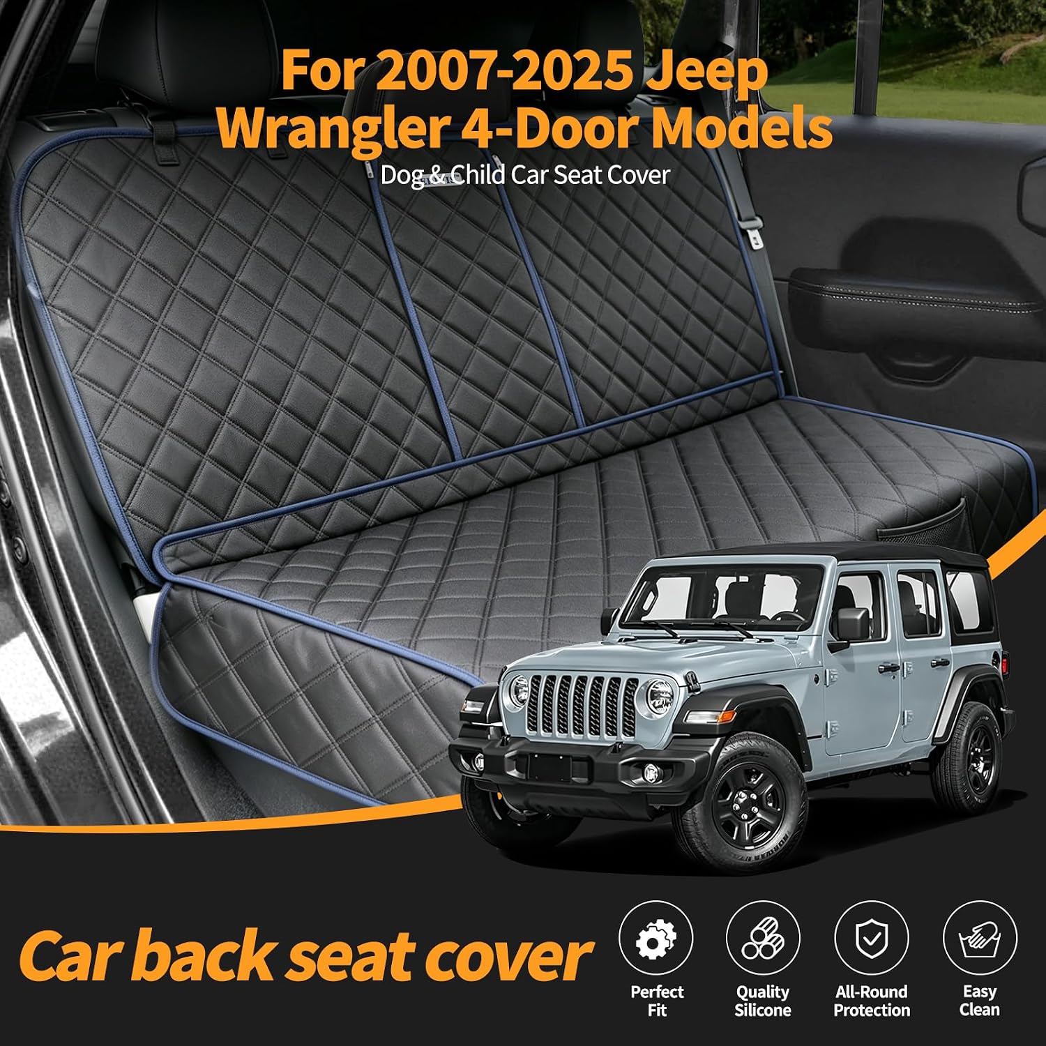 Dog Car Seat Cover for Jeep Wrangler 4 Door 2007-2025 Accessories, 900D Waterproof Raised Back Seat Cover for Kids & Pets, Non-Slip Scratch Proof Rear Bench Seat Protector with Storage