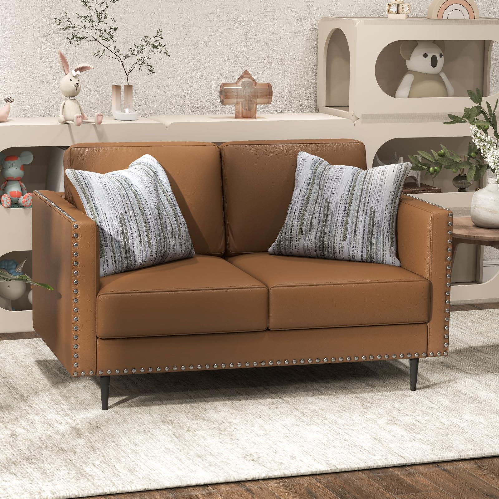 ( Box 2/2 ) (  Only  Arm ) Modern Loveseat Sofa Living Room, Upholstered 2-seat Leather Sofa Couch, Rivet Design, Wood Frame and Sturdy Legs Small Sofa for Small Space, Bedroom Office, Brown