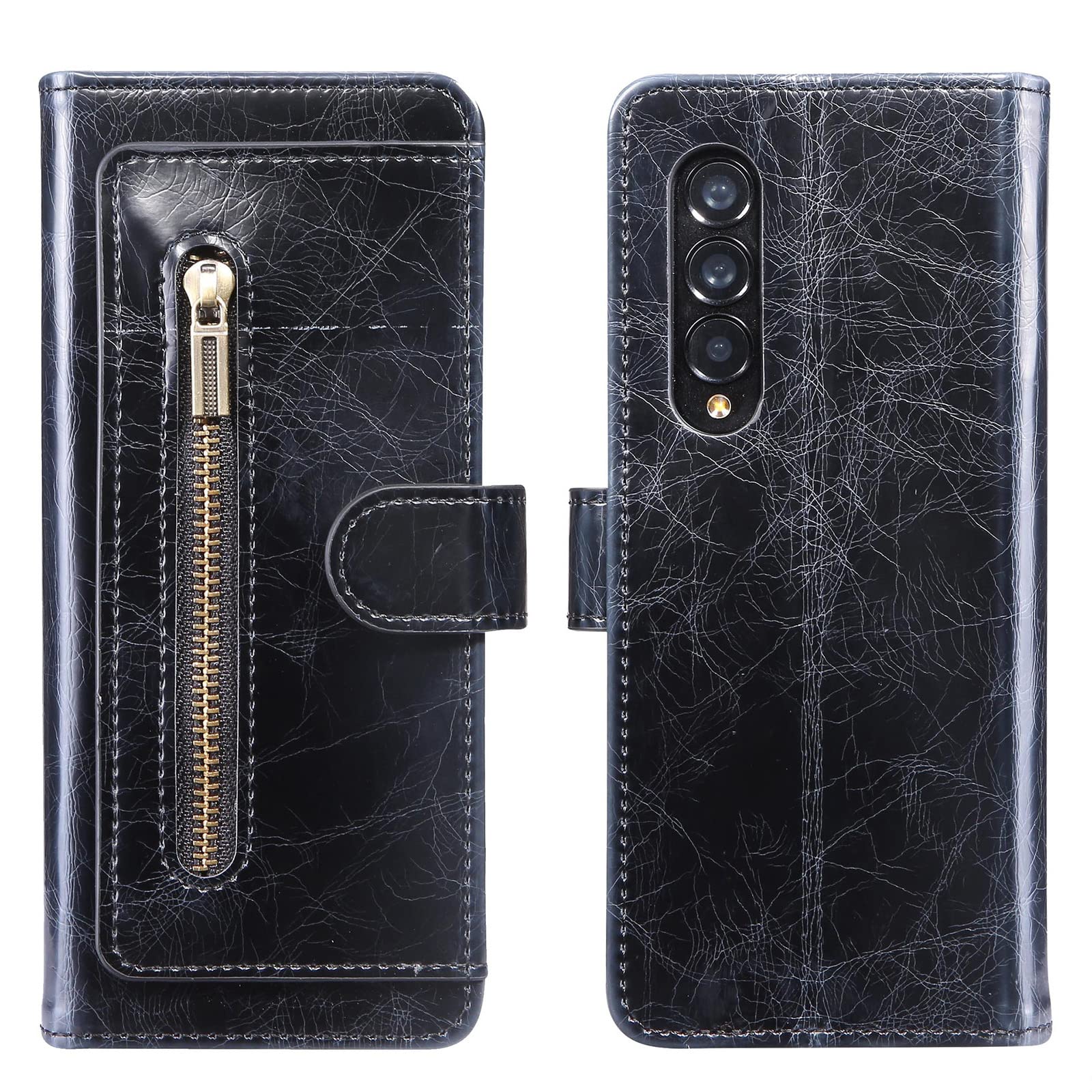 Etui portfelowe na Galazy Z Fold 3, zamsz retro ze skóry PU na zamek foliowy ochraniacz ekranu etui z klapką z magnetycznym zapięciem, etui na karty i podpórka dla kobiet do Galazy Z Fold 3, niebieskie