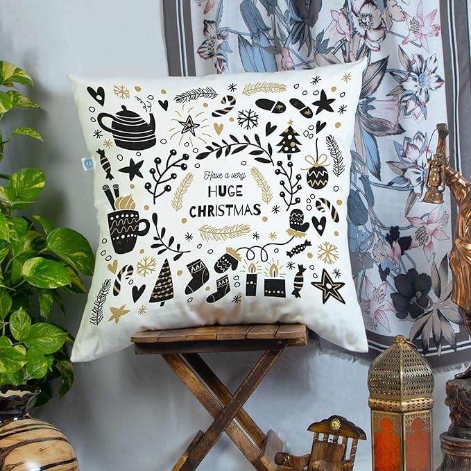 STITCHNEST Merry Christmas Printed Poly Cotton Cushion Cover Pack of 1 (12x12 Inches)
