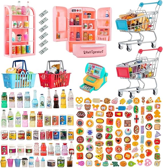 164Pcs Mini Shopping Cart Basket Miniature Food Drink Toy Supermarket Metal Handcart Trolley DollHouse Store Grocery Accessories Kitchen Play Game Party Model Shelves Cash Register Refrigerator Fridge
