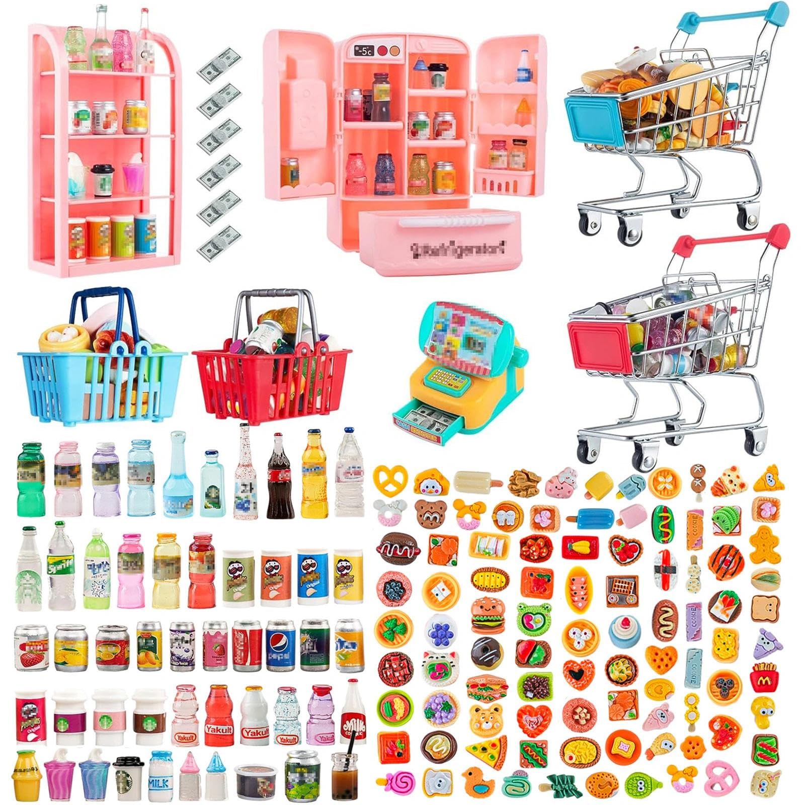 164Pcs Mini Shopping Cart Basket Miniature Food Drink Toy Supermarket Metal Handcart Trolley DollHouse Store Grocery Accessories Kitchen Play Game Party Model Shelves Cash Register Refrigerator Fridge