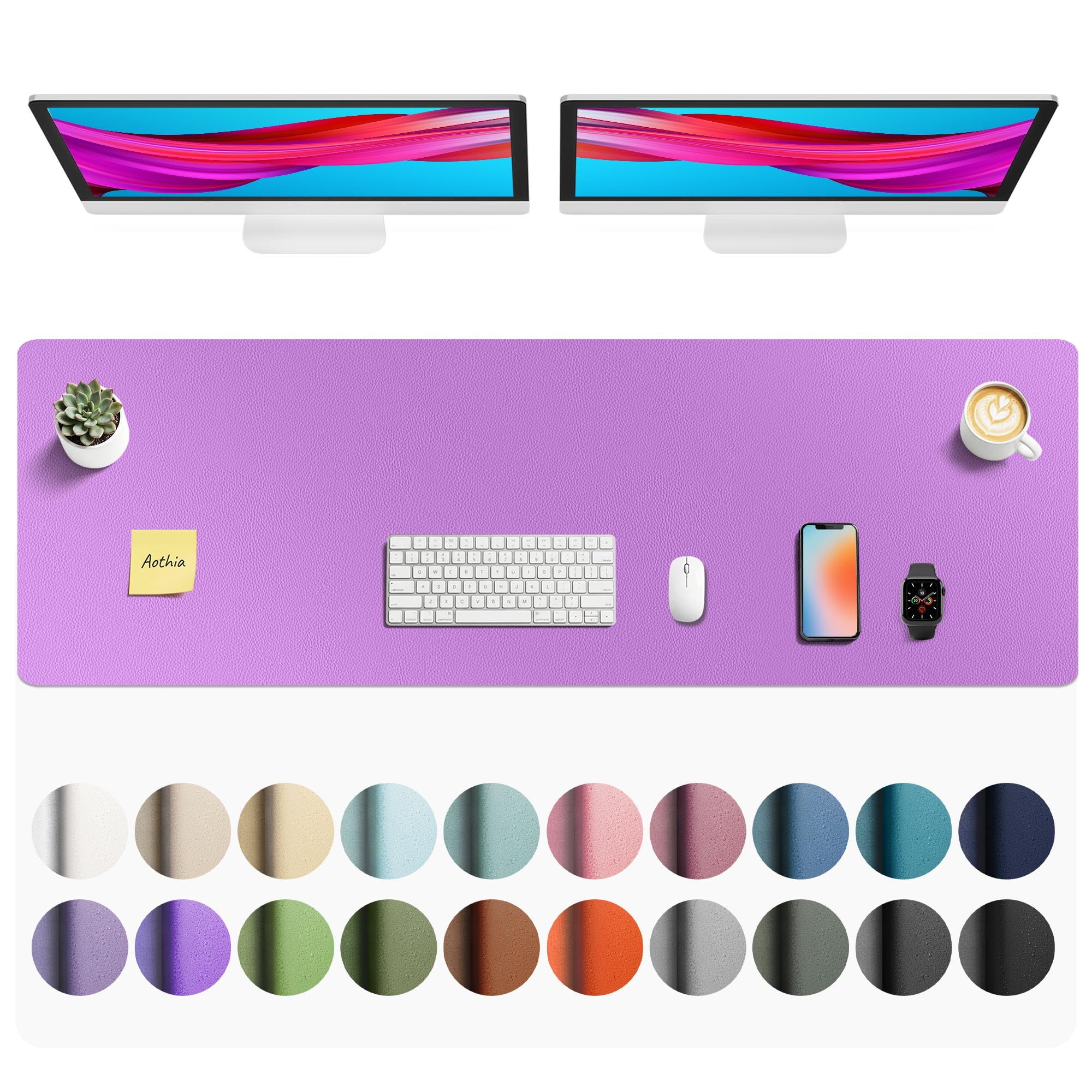 Aothia Faux Leather Desk Mat - Non-Slip PU Leather Desk Blotter, Waterproof Writing Surface, Large Desk Pad for Office &amp; Home (Iris Violet, 55" x 17")