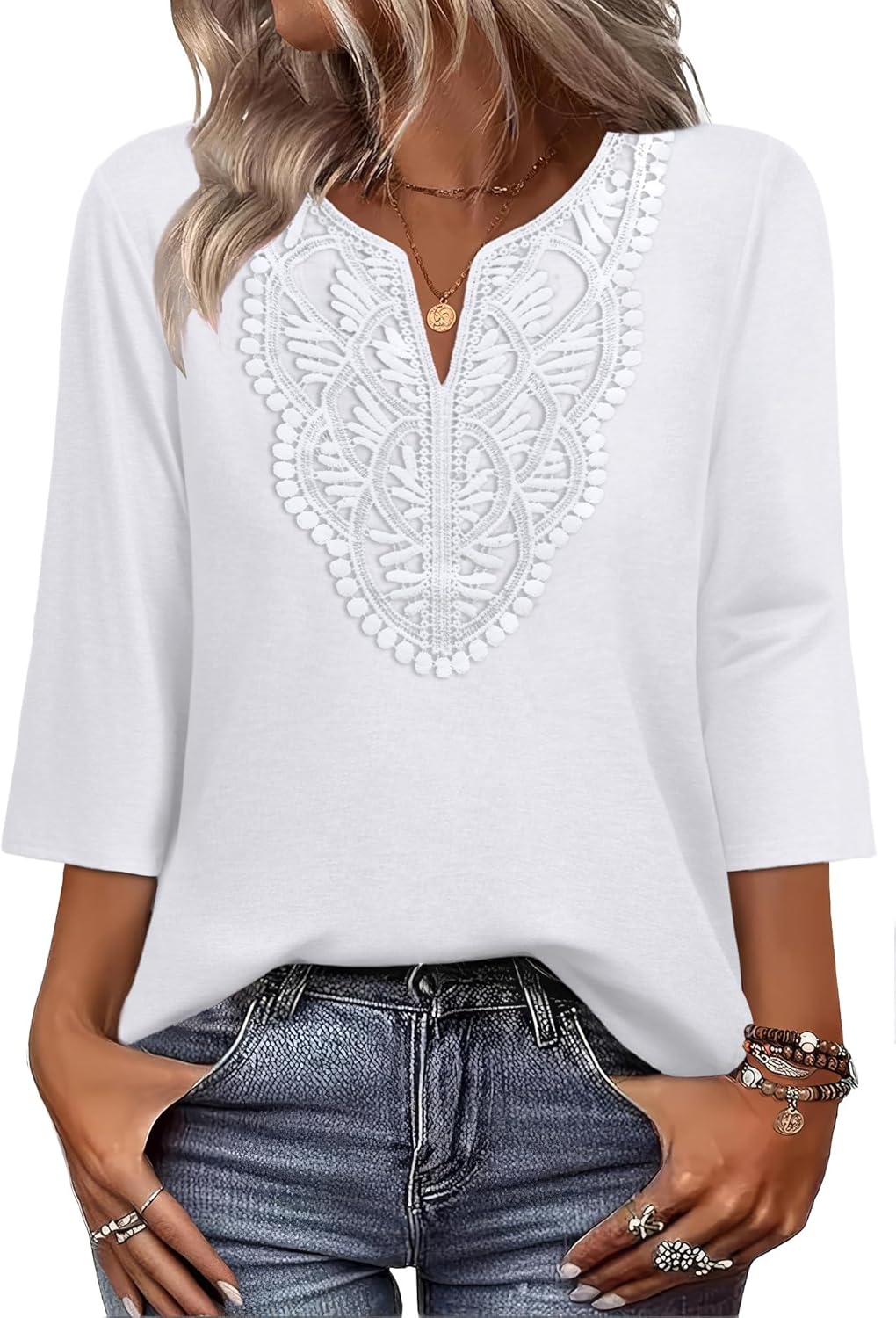 WIHOLL 3/4 Length Sleeve Womens Tops Boho V Neck Lace Shirt Trendy Blouses Dressy Casual Vacation Clothes S-3XL - Image 2