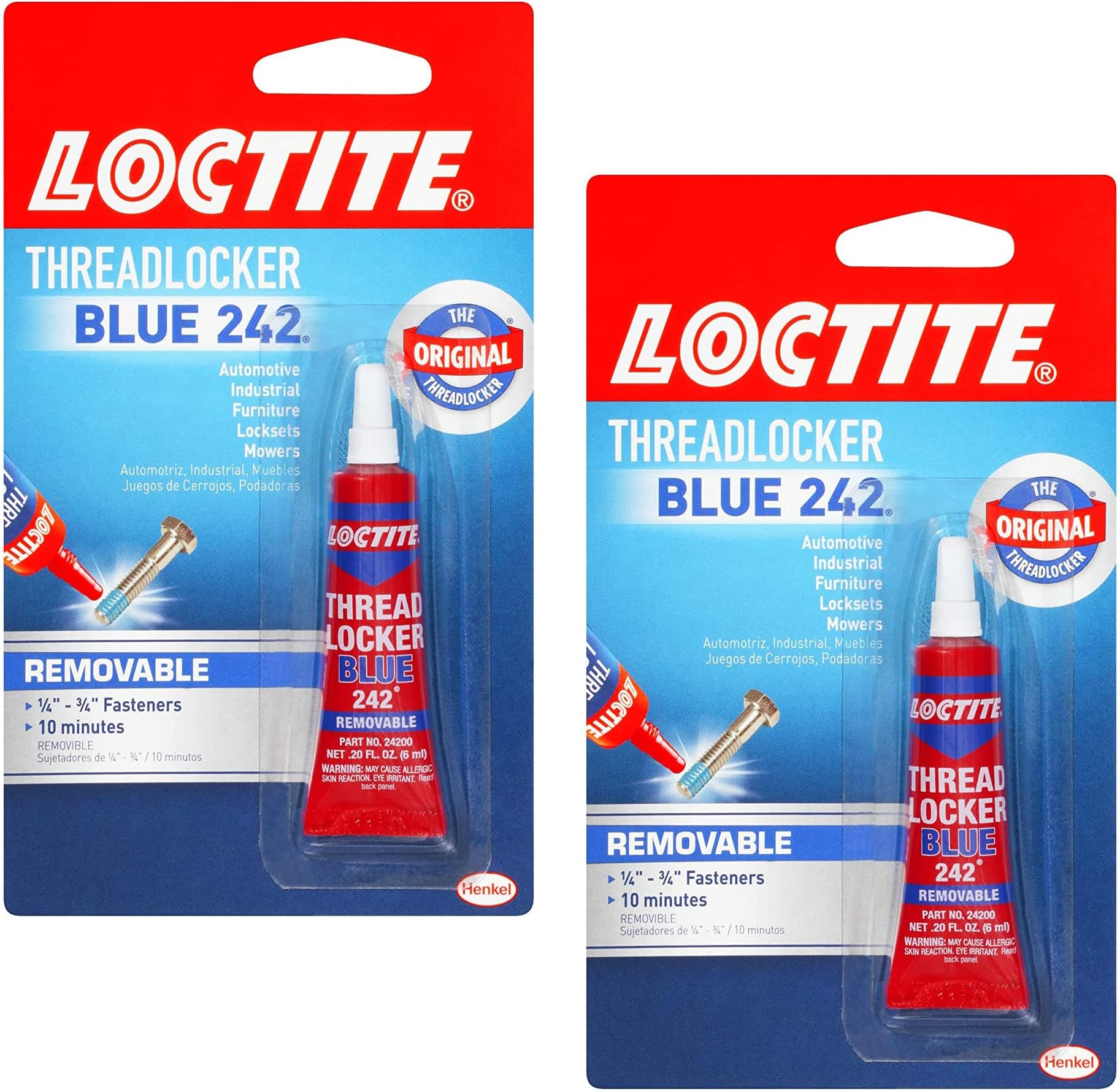LoctiteHeavy Duty Threadlocker, 0.2 oz, Blue 242, Single, 2 Pack
