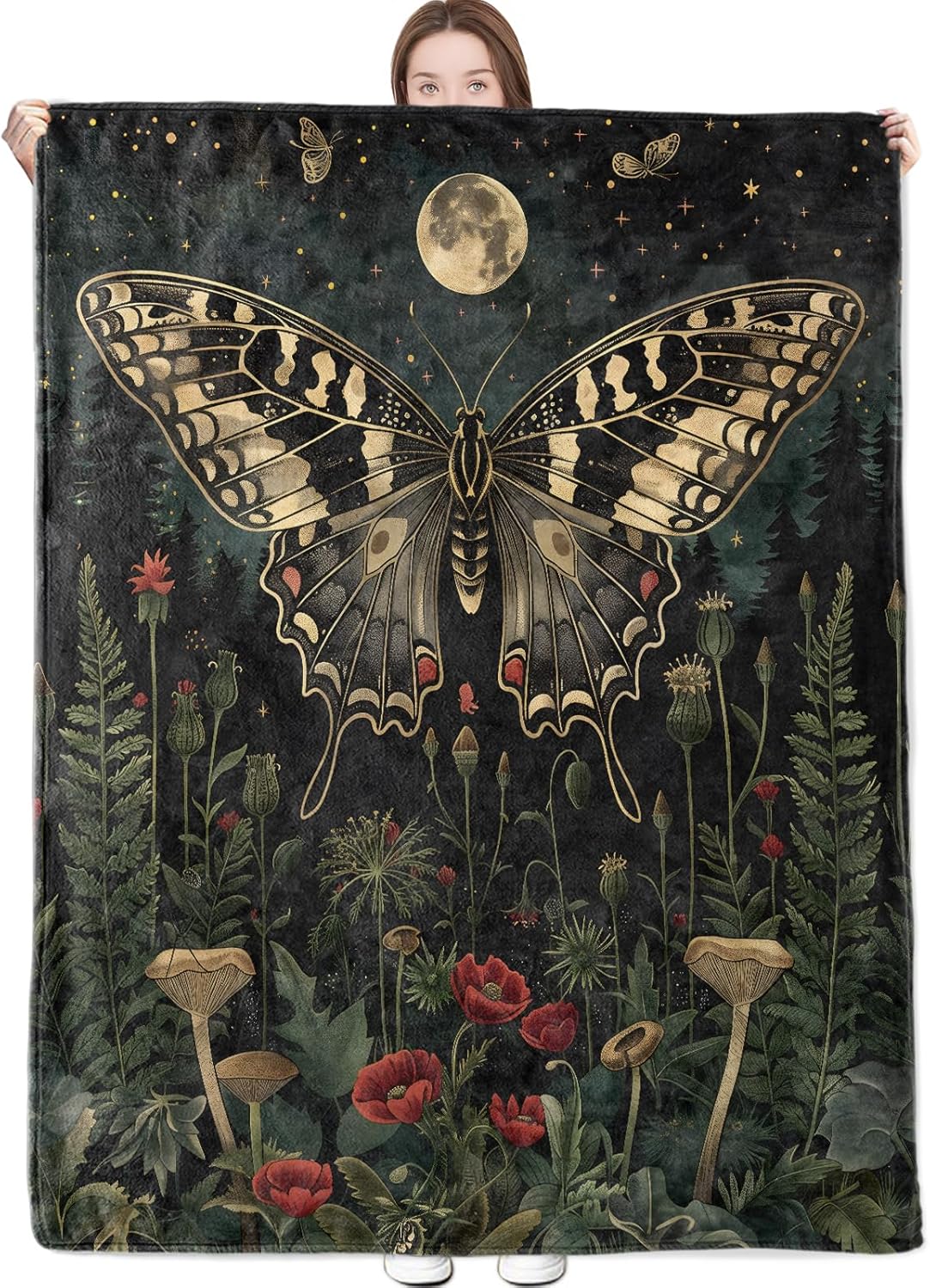 Butterfly Blanket Golden Butterflies and Moonlit Forest Throw Blankets with Red Flower and Star Lightweight Flannel Throws for Couch Chair Bed Home Decor Gifts for Adults,60x50inch