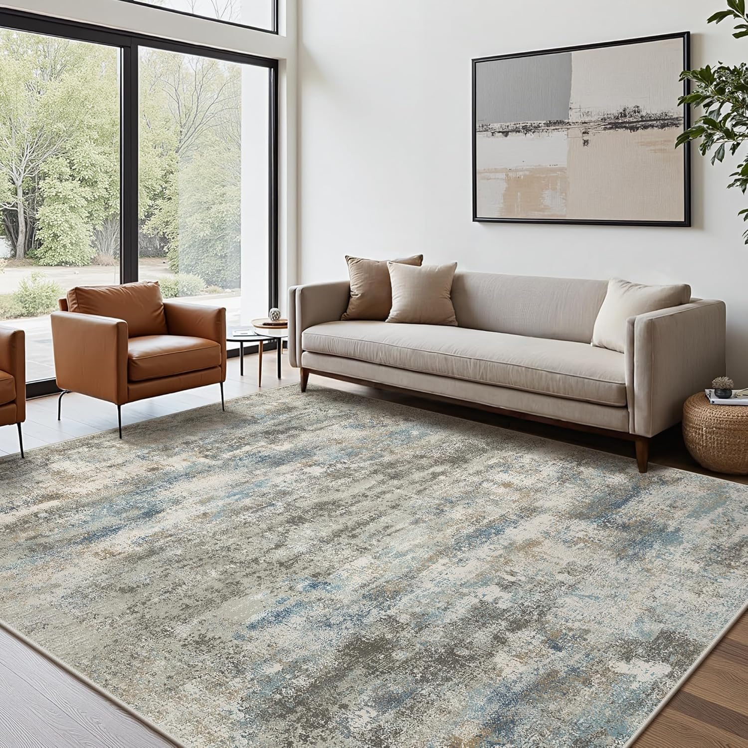 Tapis lavable en machine 200x300 cm antidérapant gris bleu pour salon
