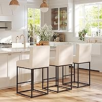 Vista 6 de HNY Taburete de bar moderno de altura de mostrador, taburete de bar tapizado de tela de lino con respaldos, taburetes de isla de cocina de 27 crema