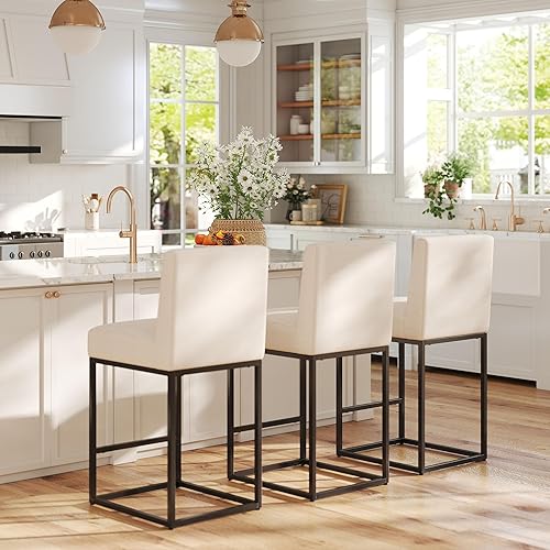 Miniatura 6 de HNY Taburete de bar moderno de altura de mostrador, taburete de bar tapizado de tela de lino con respaldos, taburetes de isla de cocina de 27 crema