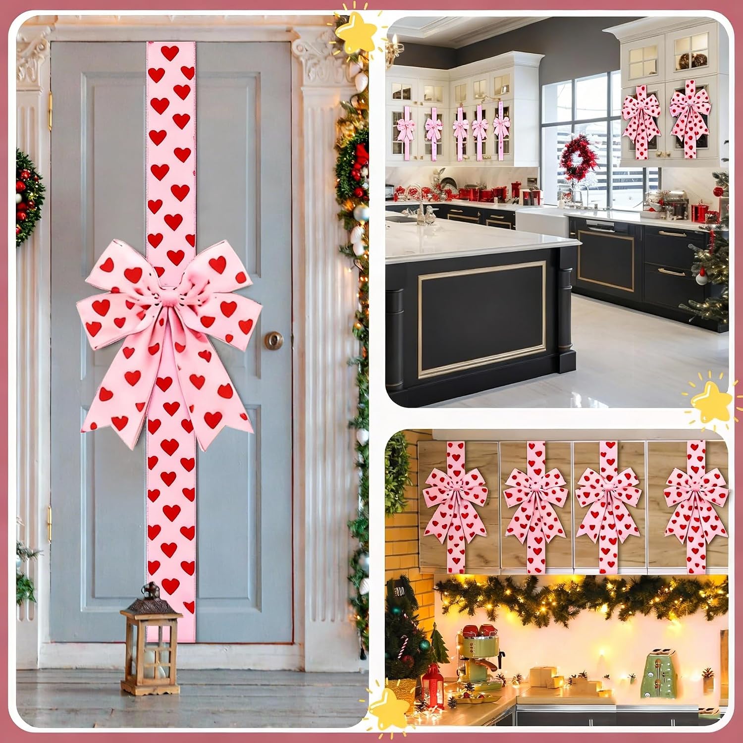 6 Pcs Red Hearts Valentines Cabinet Bows, Valentines Cabinet Ribbon Bows for Window & Kitchen Decorations, Valentine's Day Party Supplies (Hearts, 79 Inches)