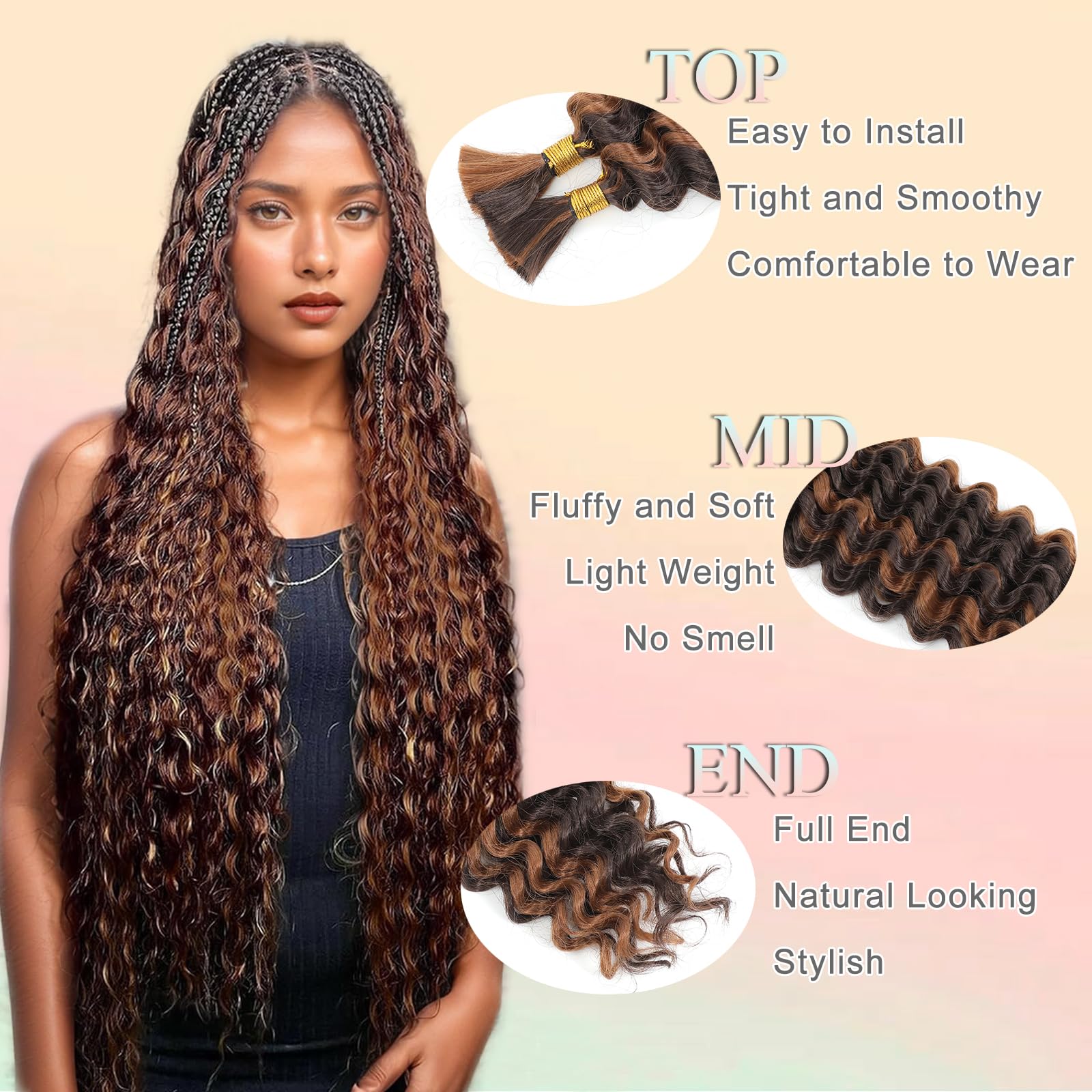 Deep Wave Bulk Hair for Braiding 18 Inch No Weft Deep Wave Bundles Curly Braiding Hair Extensions for Boho Braids and Wavy Braiding Hair 2 Braids per Pack P4/30# 18 Inch 3 Pack - Image 3