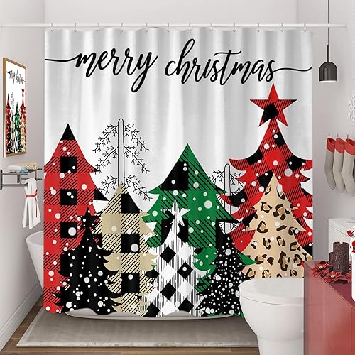 Miniatura 4 de Cortina de ducha de árbol de Navidad, diseño de búfalo negro y rojo, a cuadros, juego de cortinas de ducha de tela para decoración de baño con