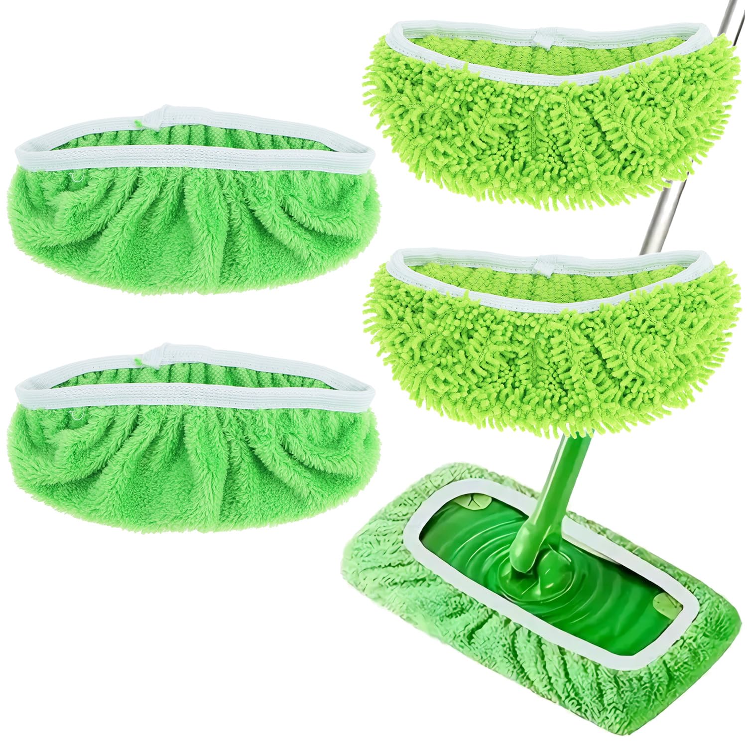 QWORK 4 sztuki podkładek z mikrofibry wielokrotnego użytku kompatybilne z mopem Swiffer - 2 x koralowy i 2 x szenilowy, zmywalne ściereczki podłogowe do twardych podłóg.